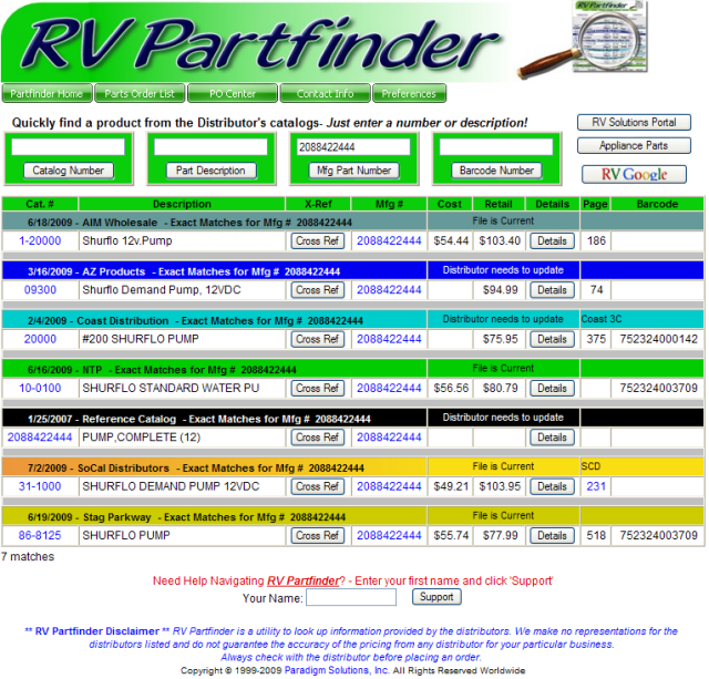RV Partfinder Performing a Search